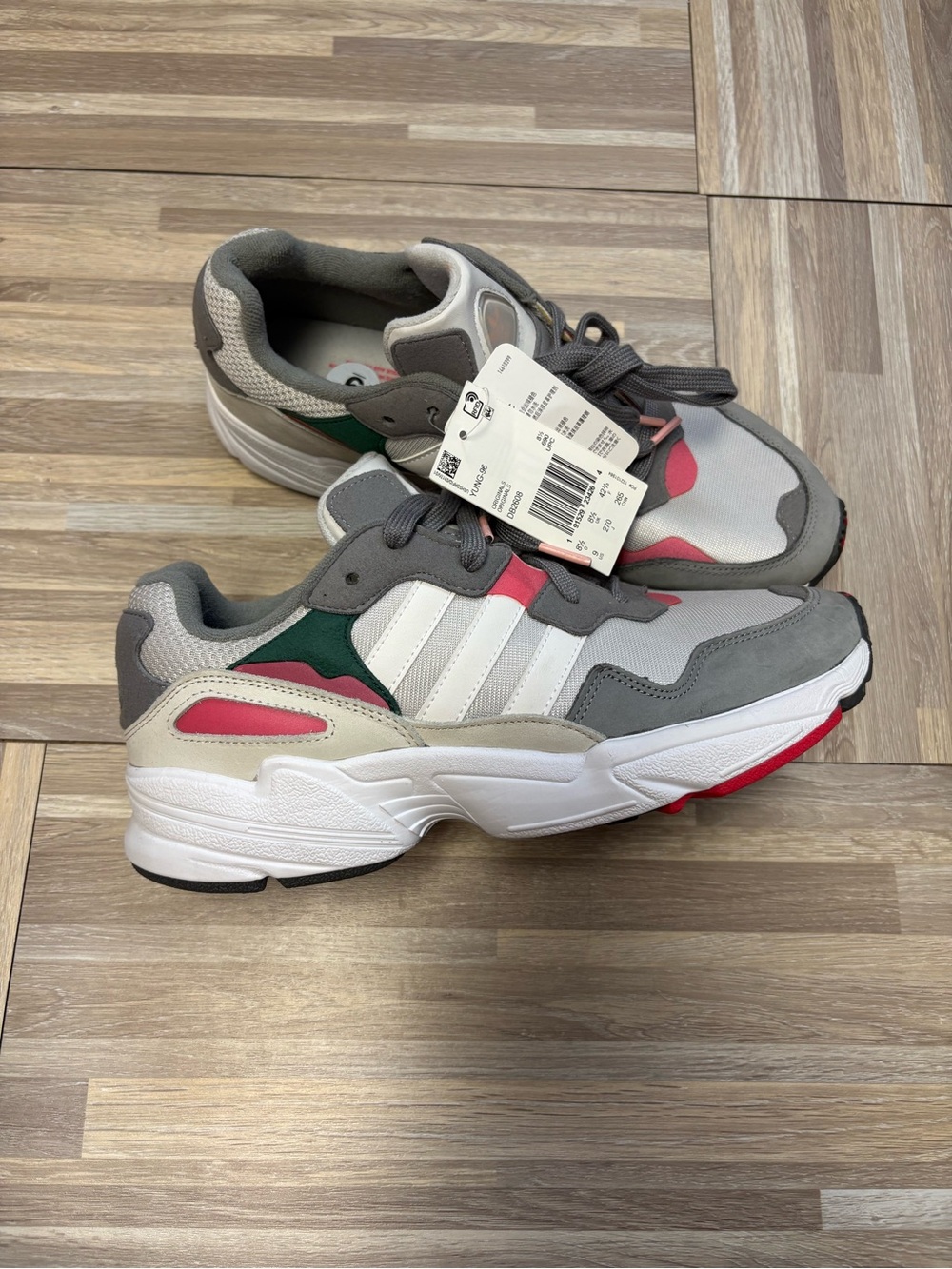 adidas Retro Runner Sneakers in Gray, White, Pink & Green Yung 96